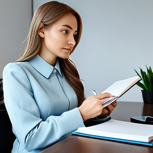 A professional woman in a modest business dress, fully clothed, sitting peacefully at a modern desk in a well-lit office. She is engaged in self-reflection, holding a journal and pen, with a thoughtful and calm expression. Her posture is natural, showing perfect anatomy, correct proportions, well-formed hands, and proper finger count. This image is safe for work, appropriate content, family-friendly, high-quality, and professional photography.