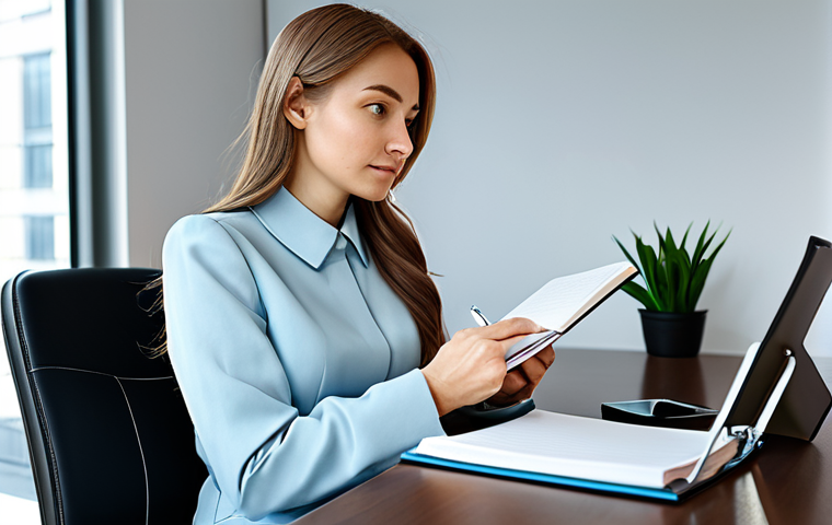 A professional woman in a modest business dress, fully clothed, sitting peacefully at a modern desk in a well-lit office. She is engaged in self-reflection, holding a journal and pen, with a thoughtful and calm expression. Her posture is natural, showing perfect anatomy, correct proportions, well-formed hands, and proper finger count. This image is safe for work, appropriate content, family-friendly, high-quality, and professional photography.