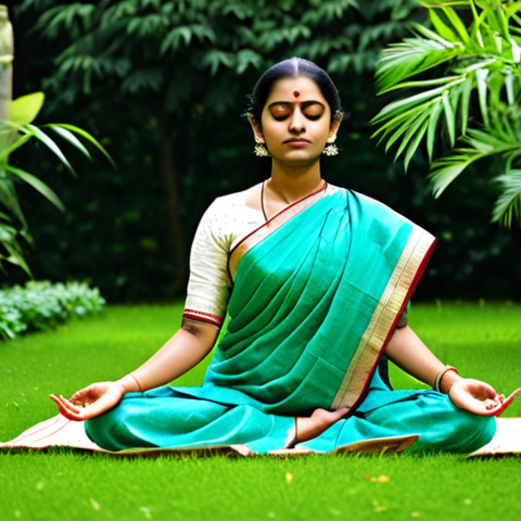 Prompt 1: A serene woman in traditional Bengali attire, fully clothed in a modest saree, meditating peacefully in a lush green garden, safe for work, appropriate content, perfect anatomy, natural proportions, professional, family-friendly.