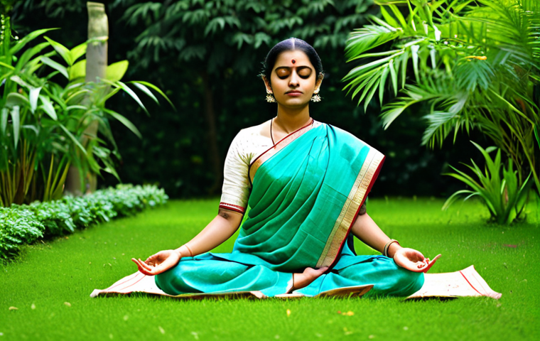 Prompt 1: A serene woman in traditional Bengali attire, fully clothed in a modest saree, meditating peacefully in a lush green garden, safe for work, appropriate content, perfect anatomy, natural proportions, professional, family-friendly.